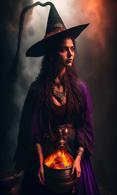 A woman in a purple dress and a hat with the word witch on it.