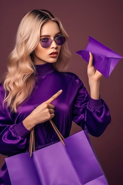 A woman in a purple dress holds a paper airplane in her hand.