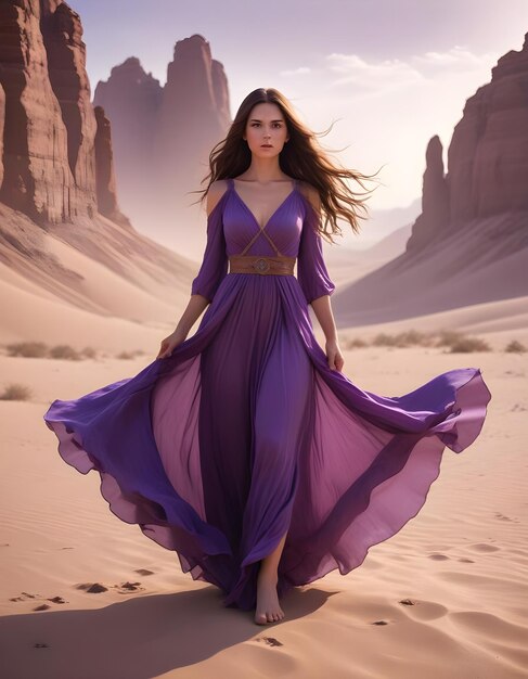 Photo a woman in a purple dress is standing in the desert