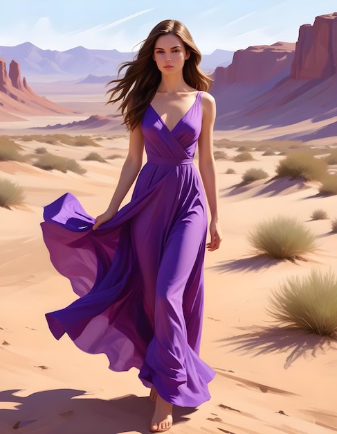 Photo a woman in a purple dress is standing in the desert