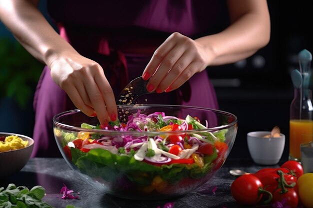 Photo a woman in a purple dress preparing a healthy salad perfect for food and lifestyle concepts