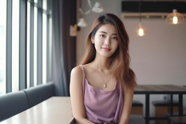 A woman in a purple dress sits at a table in a restaurant.