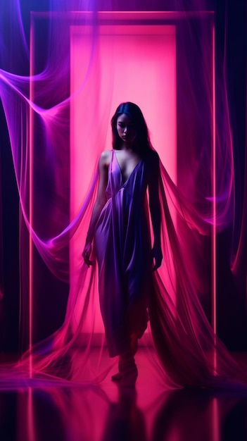 A woman in a purple dress stands in a dark room with a pink curtain.