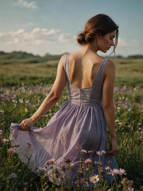 a woman in a purple dress stands in a field of flowers