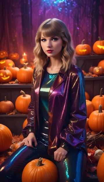 Photo a woman in a purple dress stands in front of a pumpkin patch