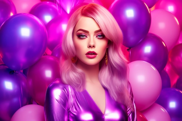 Woman in purple dress surrounded by purple and pink balloons and balloons Generative AI