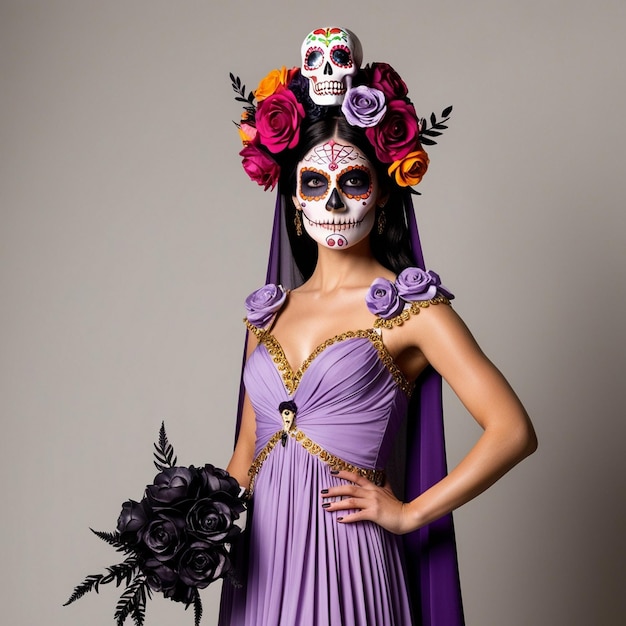 Photo a woman in a purple dress with flowers on her head and a purple dress with flowers on it