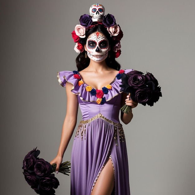 Photo a woman in a purple dress with flowers on her head and a purple dress with flowers on it