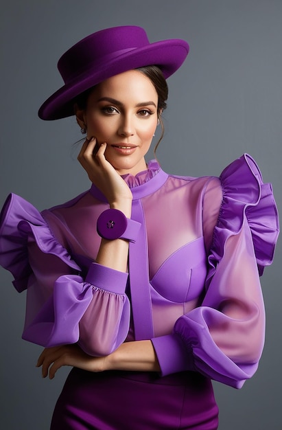 Photo a woman in a purple dress with a purple hat and purple dress