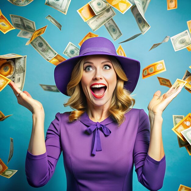 a woman in a purple hat is throwing money up in the air