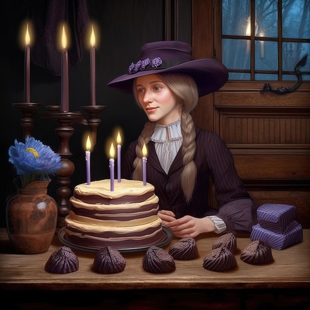 A woman in a purple hat sits at a table with a birthday cake and a candle on it.