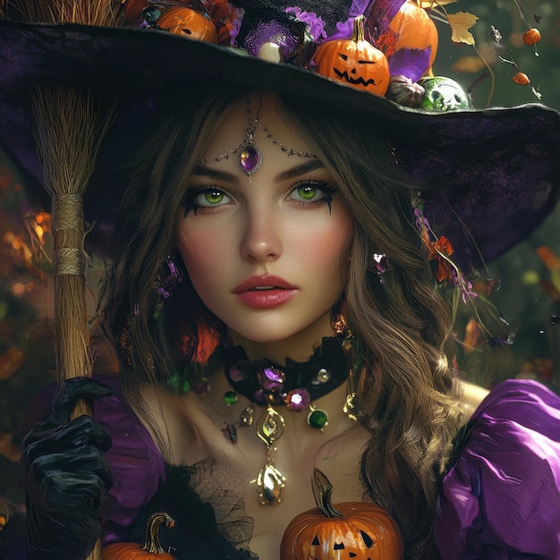 a woman in a purple hat with a witch hat on it