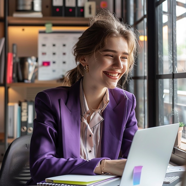 a woman in a purple jacket is sitting at a desk with a laptop and a window behind her