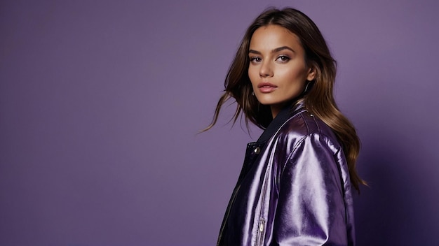 Photo a woman in a purple jacket stands in front of a purple background