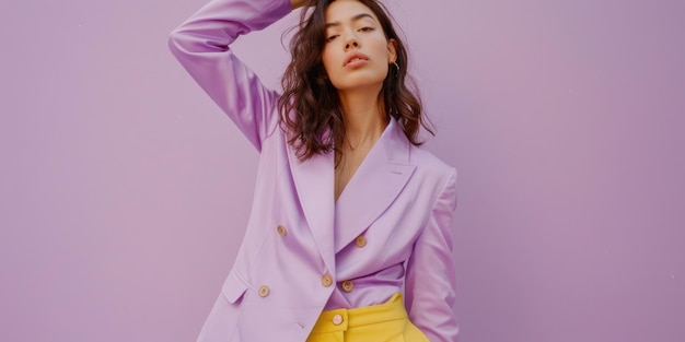 Photo woman in purple jacket and yellow pants