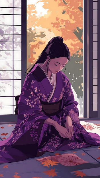 A Woman in a Purple Kimono Sitting by a Window with Autumn Leaves Scattered on the Floor