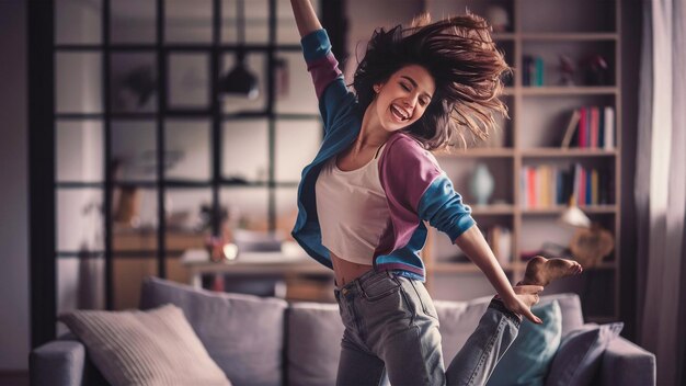 Photo a woman in a purple and pink top is dancing on a couch