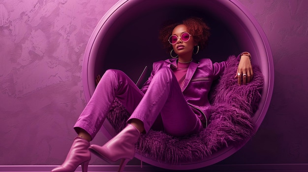 Photo woman in purple suit relaxing in a plush chair against a purple wall