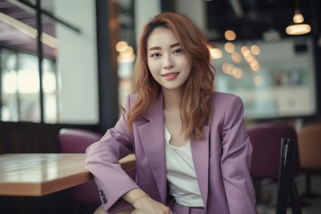 A woman in a purple suit sits in a cafe.