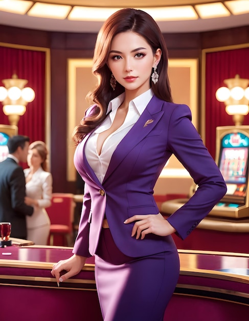 a woman in a purple suit stands in front of a slot machine