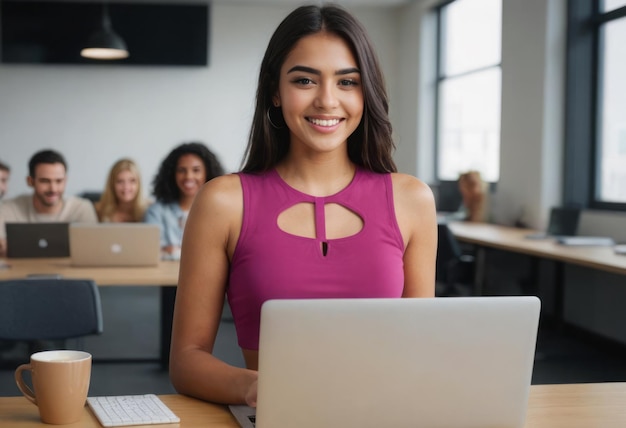 A woman in a purple tank top works intently on a laptop shes in a collaborative office environment