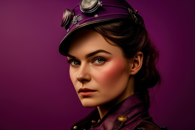 A woman in purple with a hat and the word steampunk on it