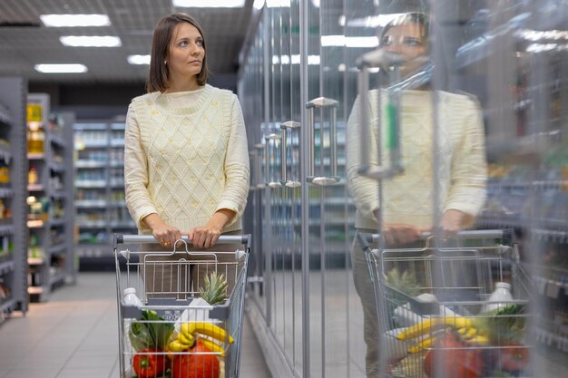 Woman pushes a cart in a supermarket and chooses food and groceries a european woman in a grocery