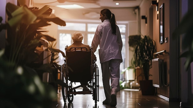 Woman pushing a man in a wheel chair