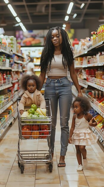 a woman pushing a shopping cart with her children in a grocery store