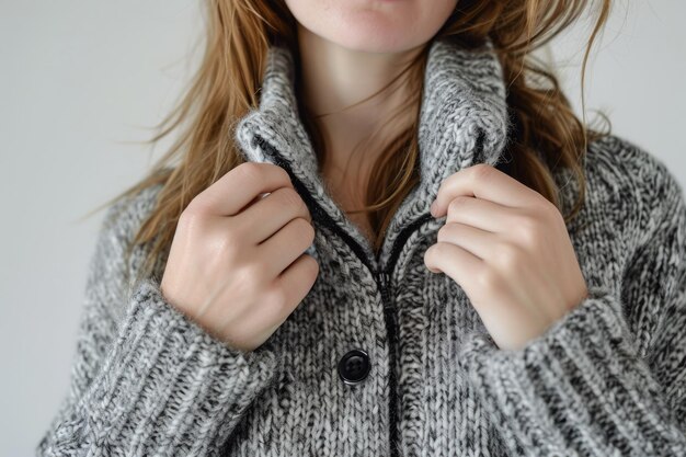 Photo woman put up collar of her wool grey cardigan