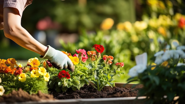 Woman putting beautiful flowers into the ground in the garden arranging the garden planting flowers in the garden