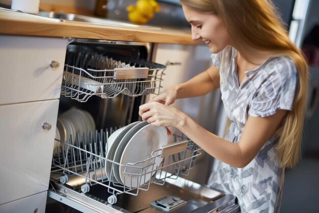 Woman putting dishes into dishwasher Woman putting dishes into dishwasher