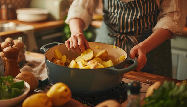 Woman putting peeled potato in pot at table in kitchen