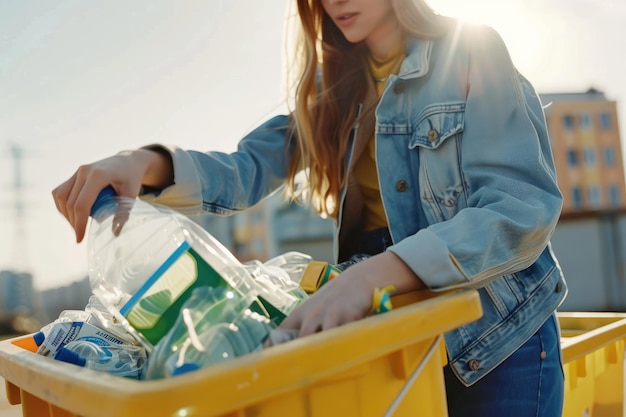 Woman putting rubbish into recycling bin