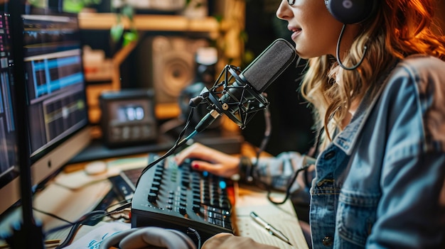 A woman radio host recording and broadcasting her podcast from a homemade studio