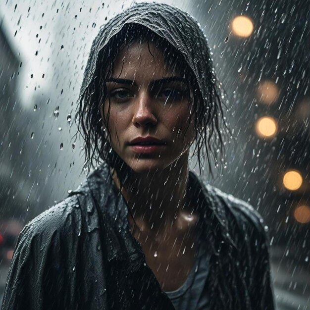 a woman in the rain with rain drops on her head