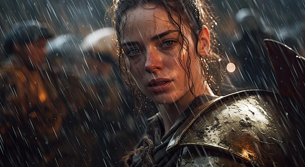 A woman in the rain with a shield on her head