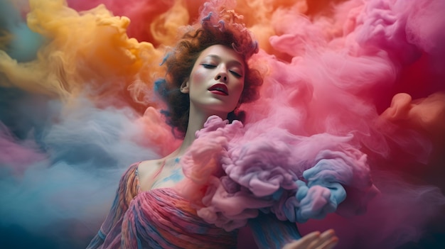 A woman in a rainbow colored smoke cloud