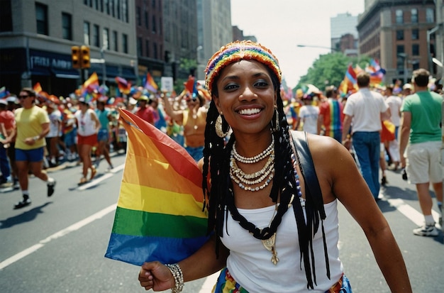 a woman in a rainbow colored top holds a flag