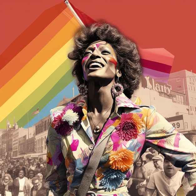 a woman in a rainbow colored top is holding a rainbow flag