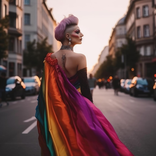 A woman in a rainbow dress walks down a street.