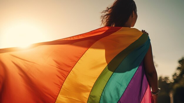 A woman in a rainbow flag flies in the sky.