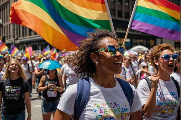 a woman in a rainbow shirt is carrying a rainbow flag