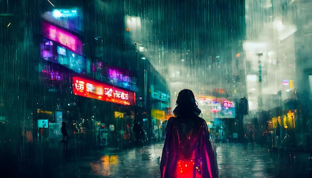 Woman in raincoat in cuberpunk city street at rainy night neural network generated art