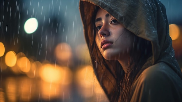 A woman in a raincoat looks out at the camera.