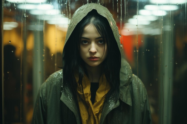 a woman in a raincoat standing in an elevator