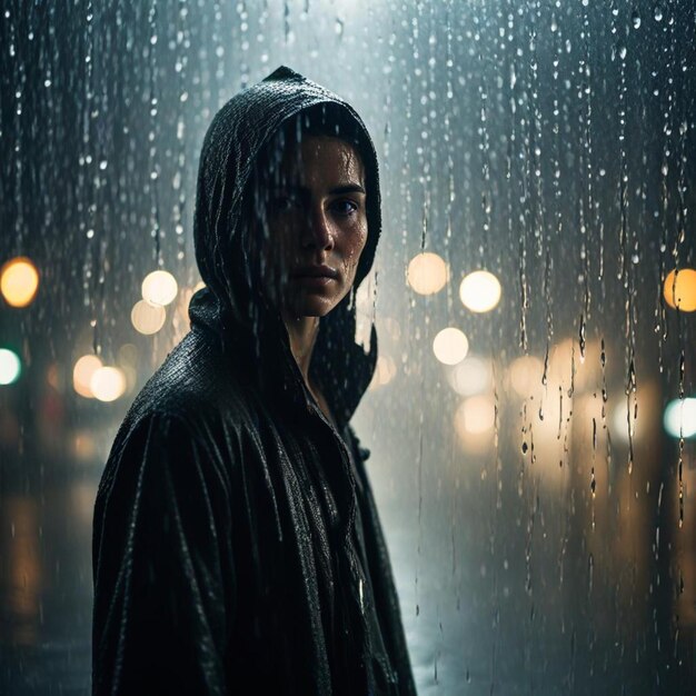 a woman in a raincoat stands in the rain