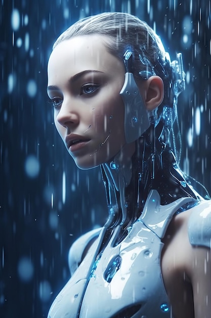 A woman in a raincoat with a robot face.