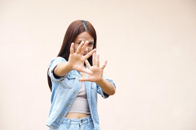 Woman raised her hand for dissuade campaign stop violence against womenx9