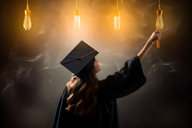 Woman raising light bulb as graduation sign